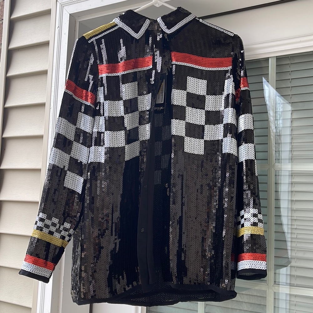 Sequin checker board moto cross print shirt